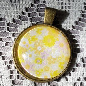 Yellow Pastel Flowers Cabochon Pendant - Handmade
